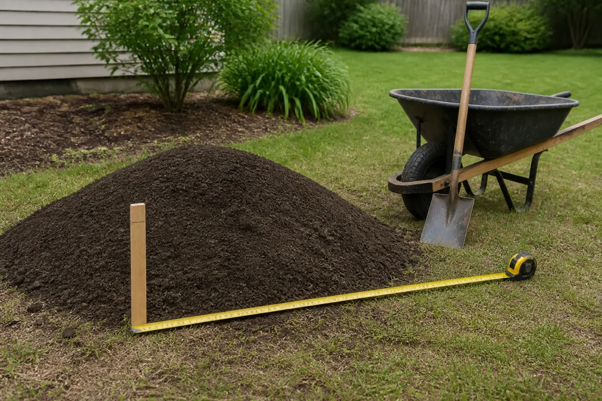 A tape measure, a grade stake, a shovel, and a wheelbarrow adjacent to a topsoil pile