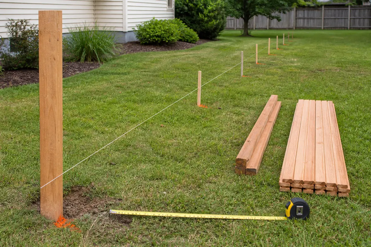 A fence post with a string line, stakes, a tape measure, rails, and wood pickets