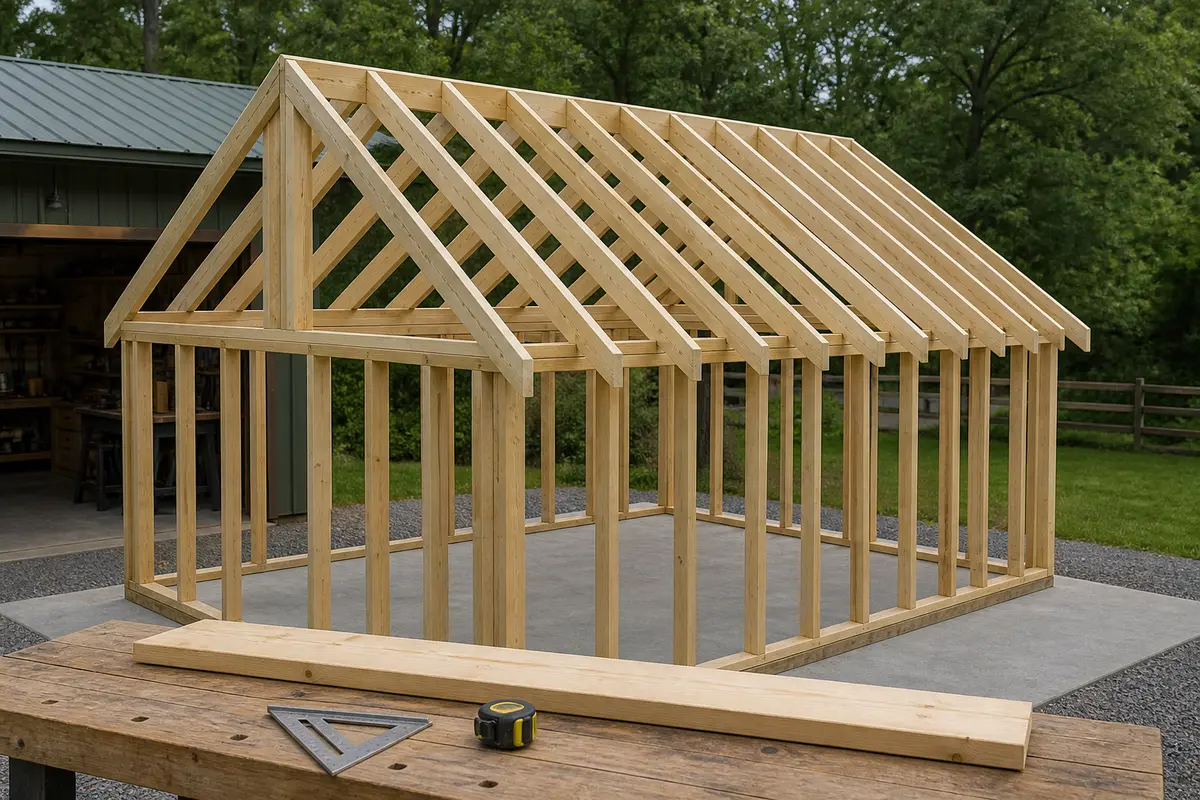 Common rafters on an unfinished gable roof with framing tools and rafter stock